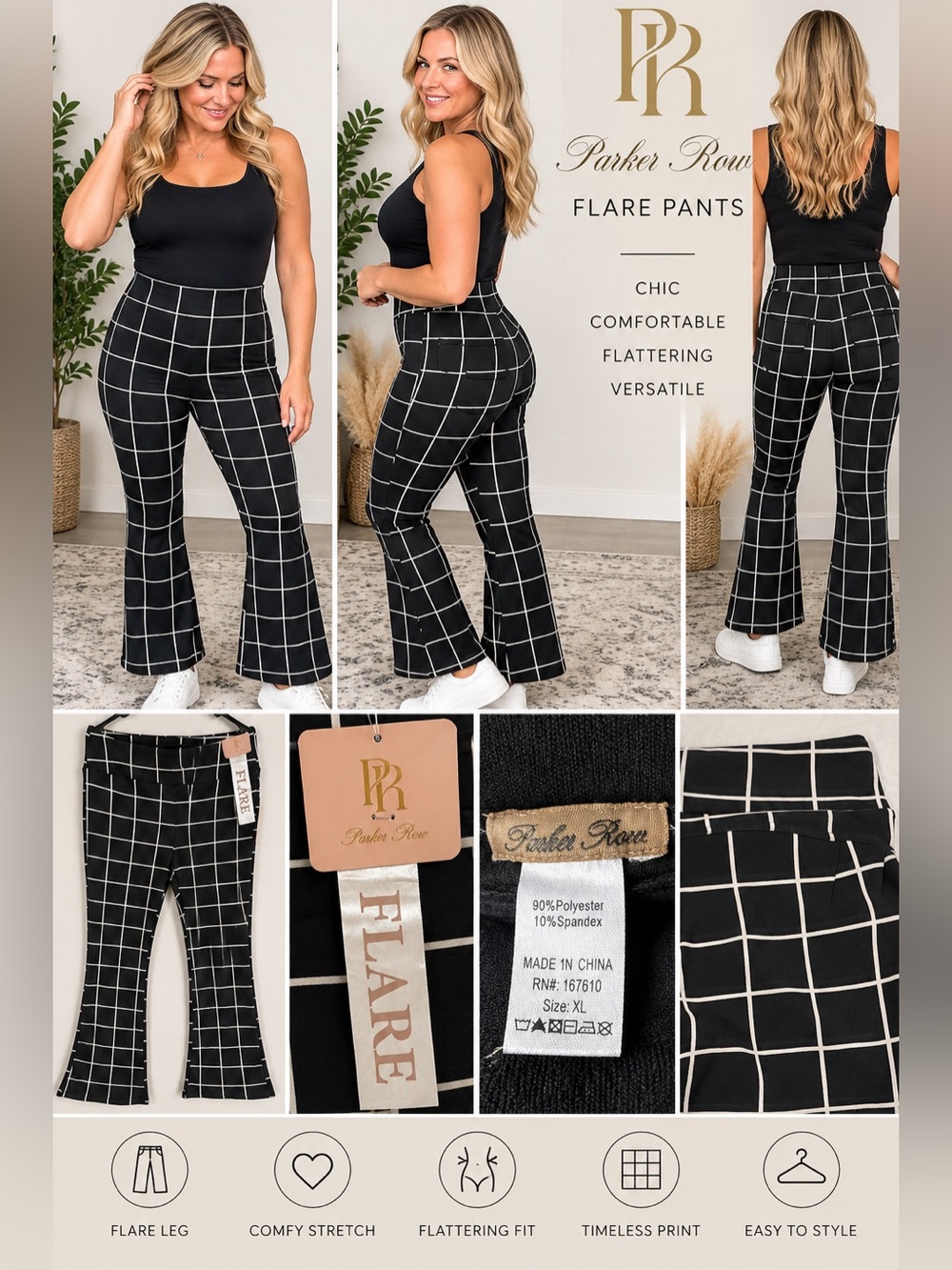 Parker Row NWT Black White Windowpane Flare Pants Women’s XL